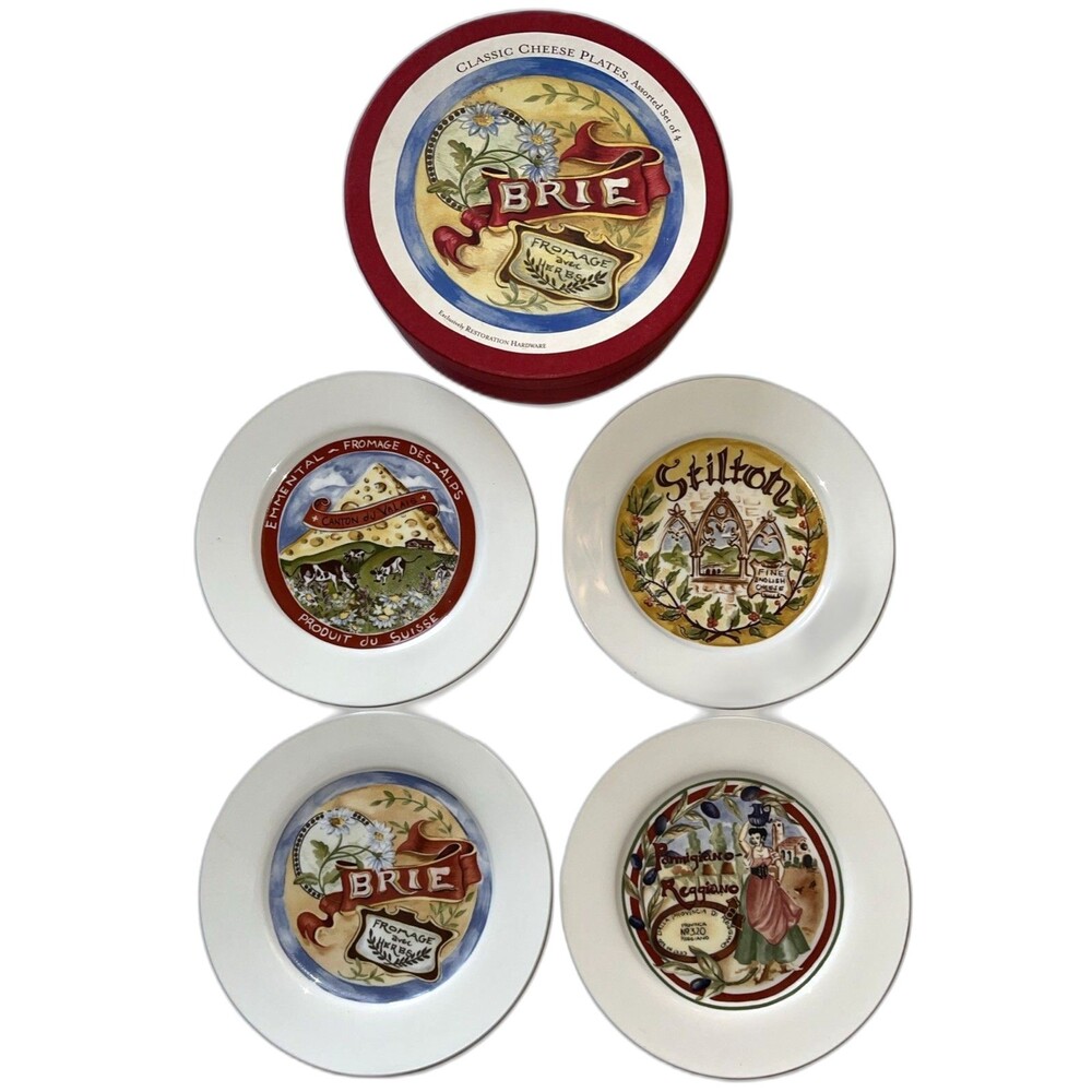 Restoration Hardware Set of 4 Plates CHEESE THEME  Lunch  Salad Dessert 7 3/4 “